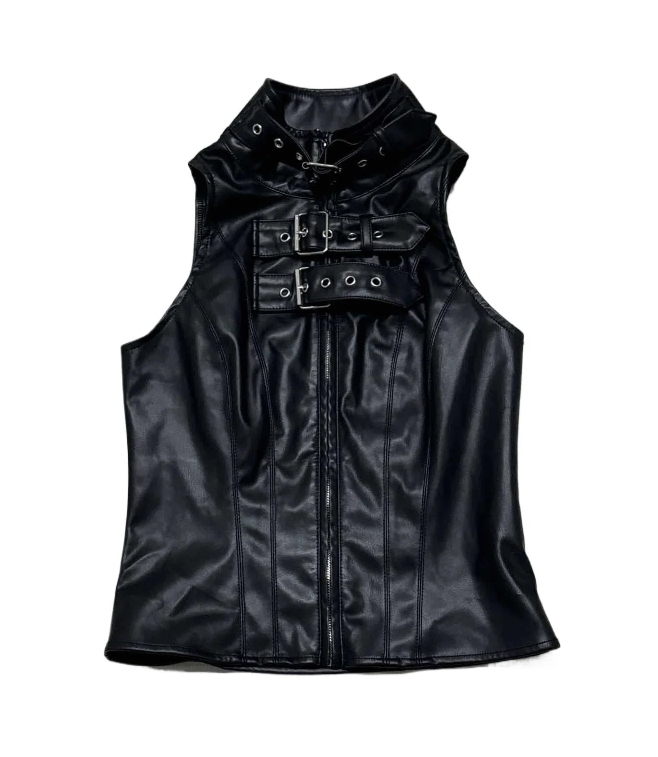 Punk Street Style Spice Girl Turtleneck Metal Buckle Pu Leather Vest Slim Fit Sexy Short Sleeveless Top
