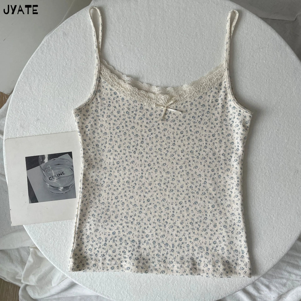 Cute Cartoon Lace Trim Tank Tops Women Summer New Slim Cotton Sleeveless Vests Vintage Sweet Preppy Style Camisole Y2K Clothes