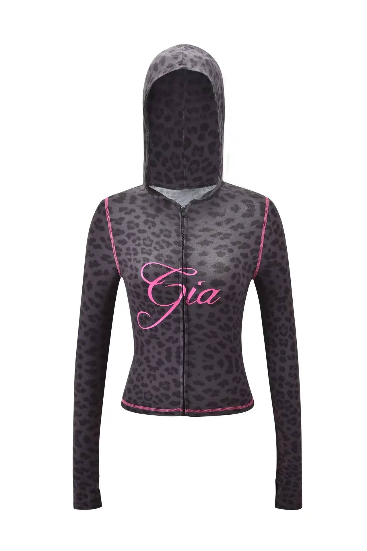 gia slim fit letter printed open thread design hooded zipper short jacket pants set