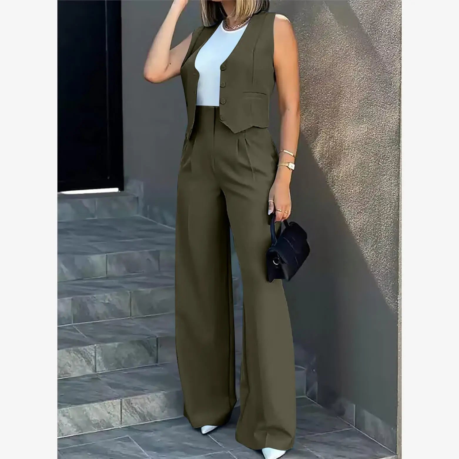 Fashionable Women's Casual Suit Set Wide Leg Pants Vest Two-Piece Outfit Chic Workwear Winter Office Ensemble for Middle-Aged...