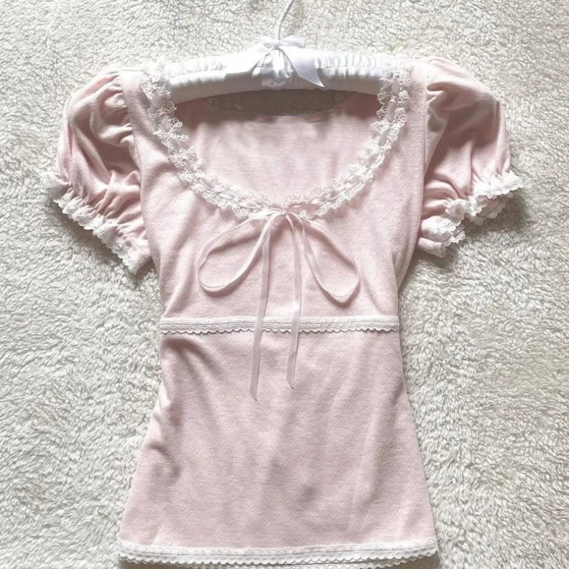 Deeptown Coquette Sweet T-shirts Women Pink Kawaii Bow Elegant Short Sleeve Tees Korean Fashion Lace Patchwork Slim T-Shirts