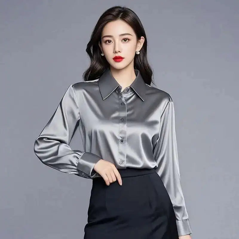 Elegant Silk Office Shirts Women Korean Fashion Y2k Clothes Slim Long Sleeve White Black Blusas Mujer Workwear Tops Blouses LS84
