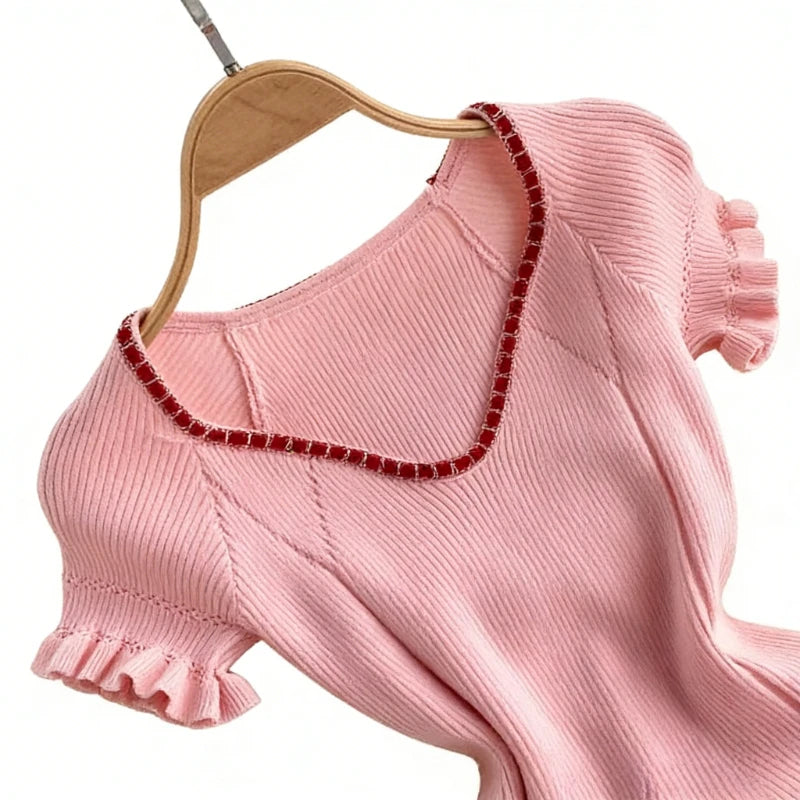 Women's Pink Short Sleeve Ruffle Trim V-Neck Sundress Trim Stretchy Ribbed Knit Bodycon Mini Dress Casual Party Clubwear Dress