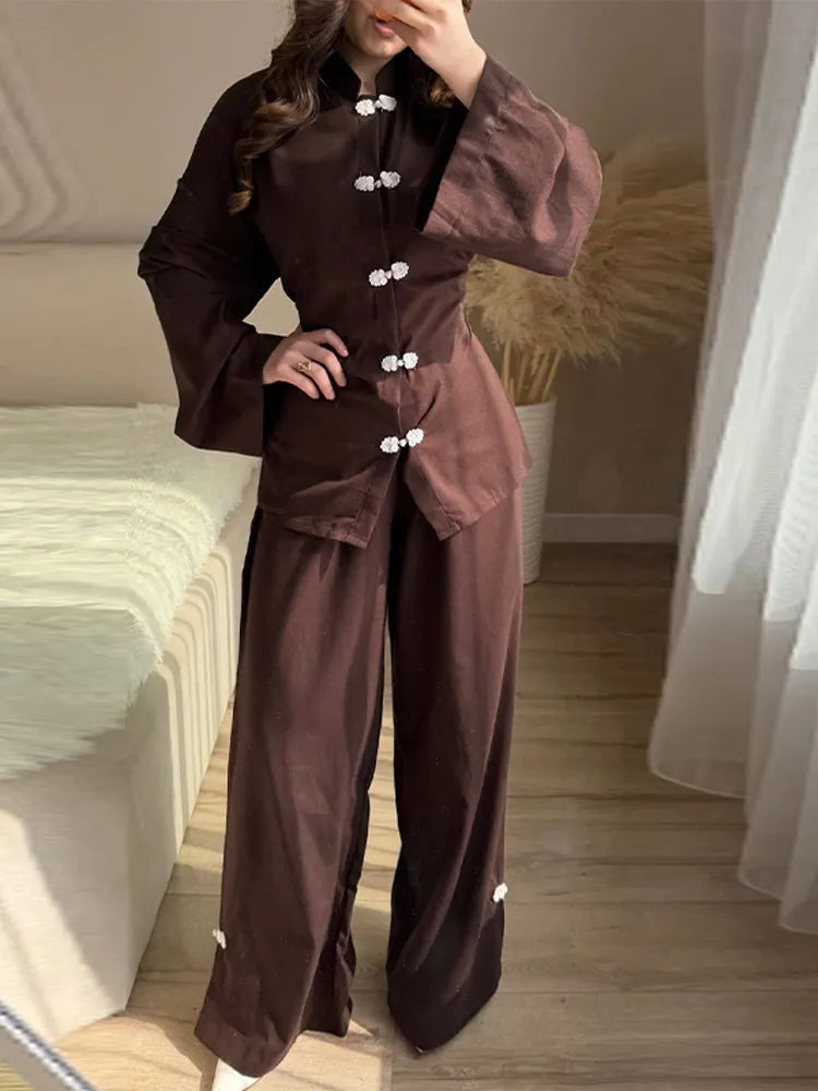 Cotton Lined Women's Pants Set Mandarin Collar Frog Button Full Sleeve Shirt Wide Leg Pant Suit Lady 2026 Spring Woman Outwear