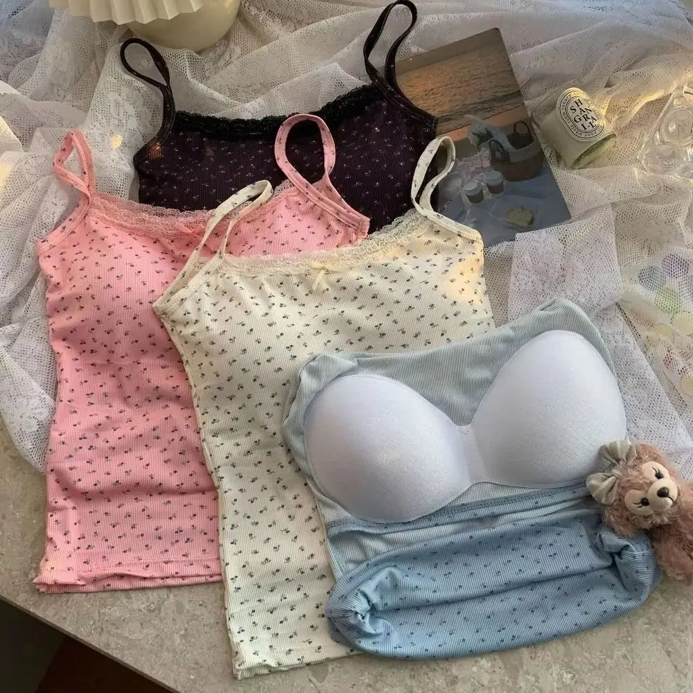 Elegant Sweet Floral Tank Tops Bowknot BM Style Lace Vest T-Shirt Bra Tops Casual Y2k Crop Top Spring Summer