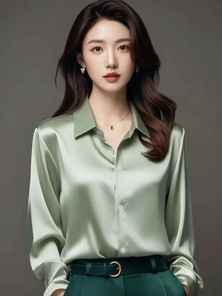 Elegant Silk Office Shirts Women Korean Fashion Y2k Clothes Slim Long Sleeve White Black Blusas Mujer Workwear Tops Blouses LS84