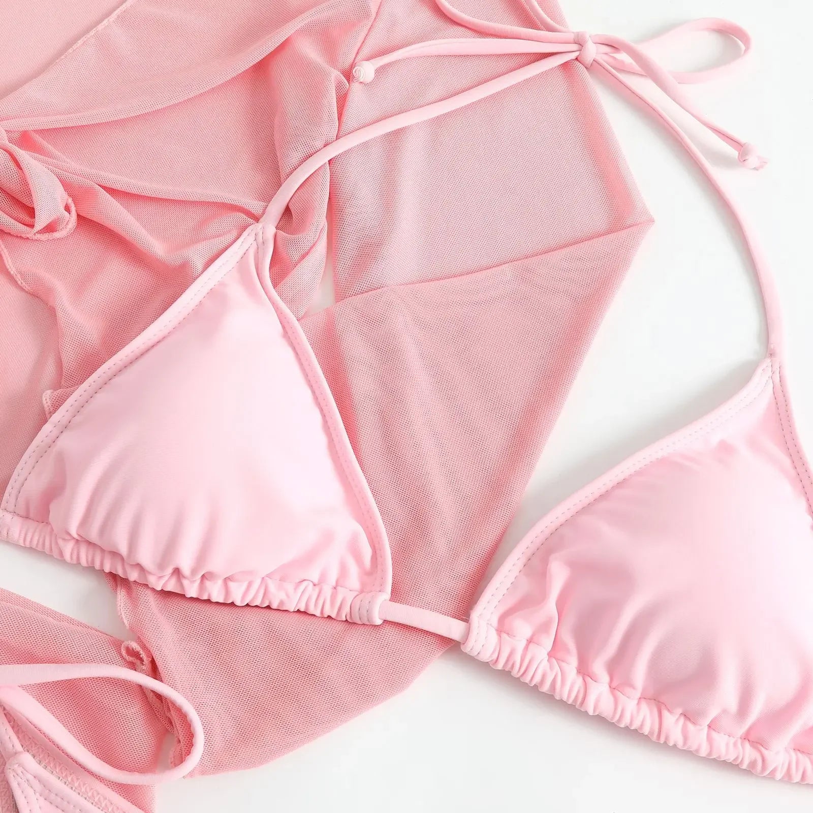 Women pink micro mini string bikini sets 4 pieces with mesh cover tops and skirt swimsuit bathing suit beach outfits biquini