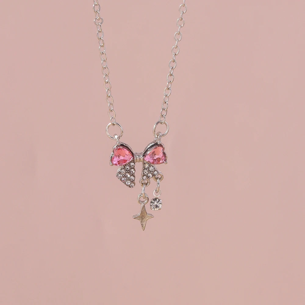Delicate Y2k Crystal Pink Zircon Heart Necklace for Women Girl Bowknot Pendant Necklace Chain Party Jewelry Gifts