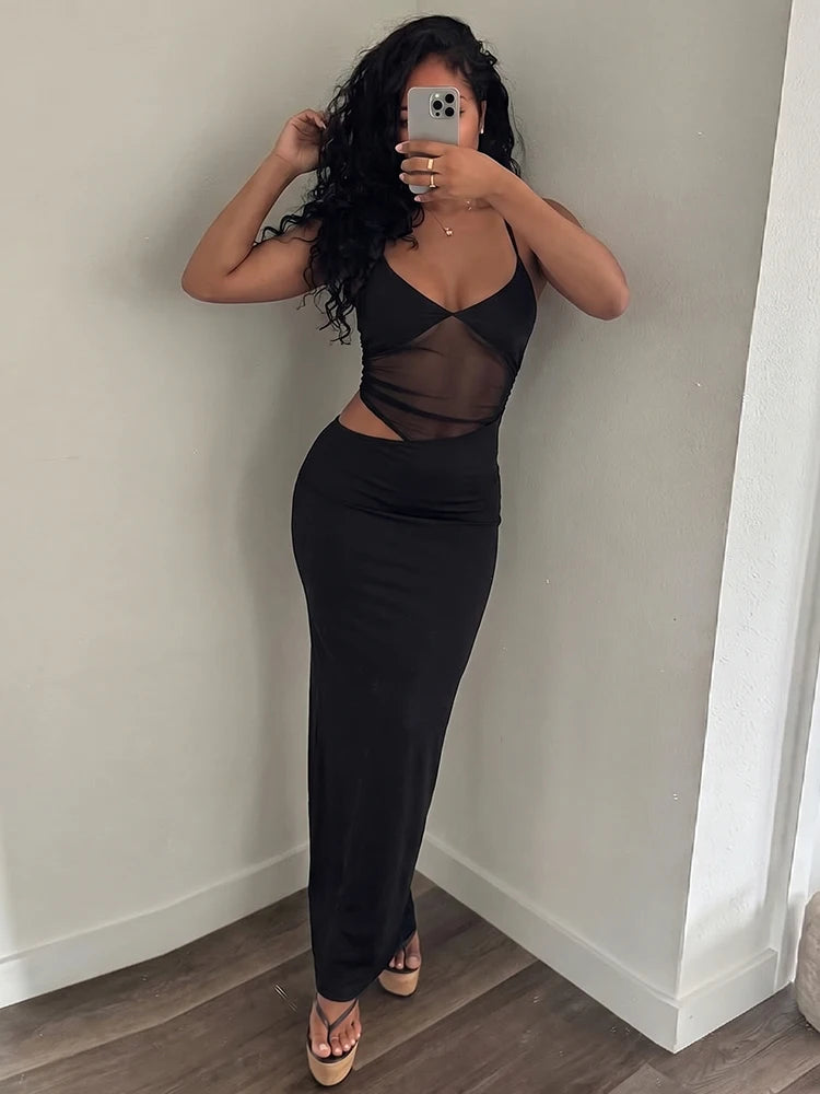 Nibber Mesh Patchwork Dress Women Sexy Backless Hollow Sleeveless 2025 Summer Trend Skinny Stretch Elegant Clubwear Maxi Bodycon