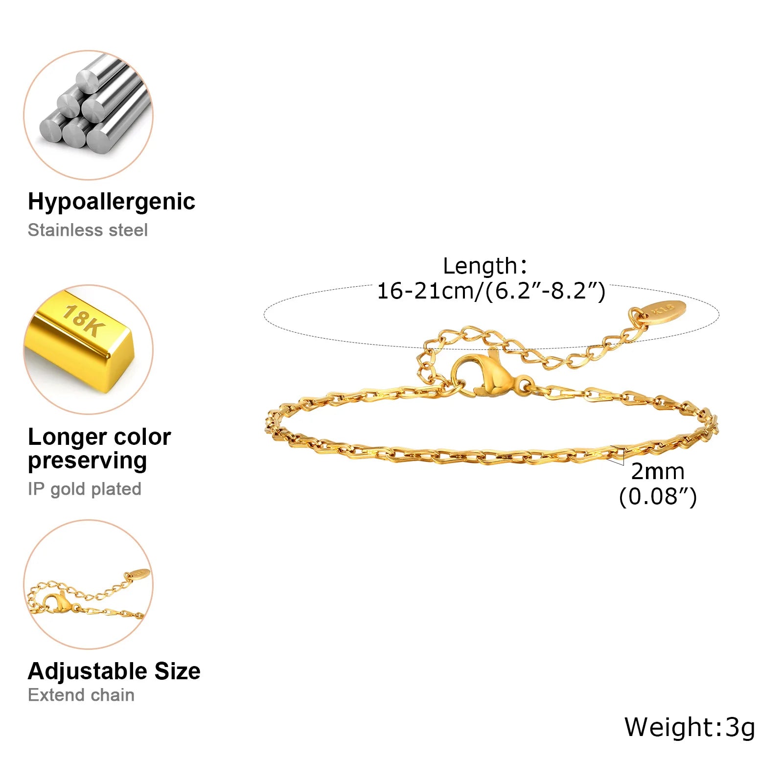 18K Gold Plated Link Bracelet for Women, Stainless Steel Stackable Chain Wristband, Adjustable Waterproof Jewelry