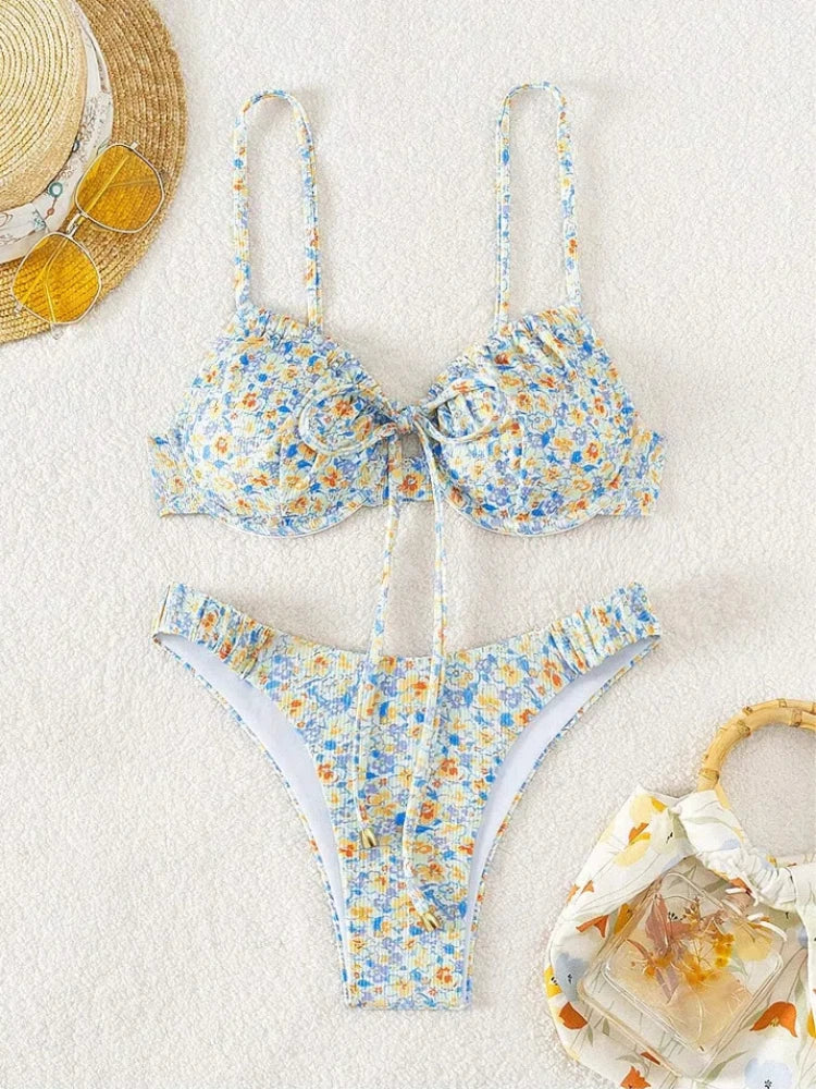 New Sexy Floral Print Push Up Bikini 2024 Women Swimwear Female Swimsuit Two Pieces Thong Bikini Set Bather Bathing Suit Beach
