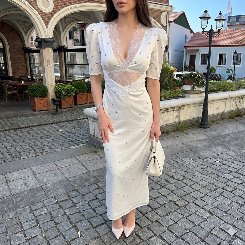 TARUXY Sexy Hollow Lace Dress Women's Fashion Short Sleeve Elegant High Waist Slim Print Dress Summer Party Club Clothes Female