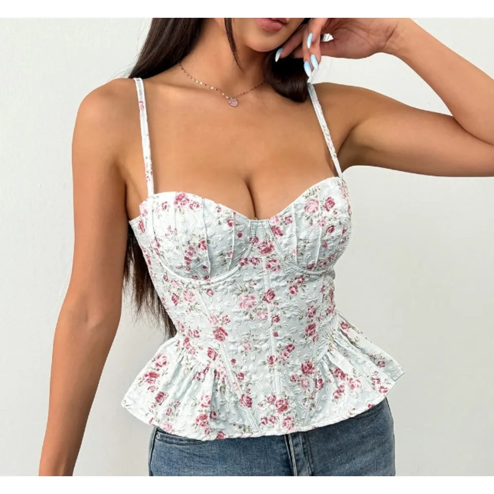 Sexy Slim  Corset ruffle print Chic Korean Camis Tank Top Basic Fashion Off Shoulder Summer Women Clothing