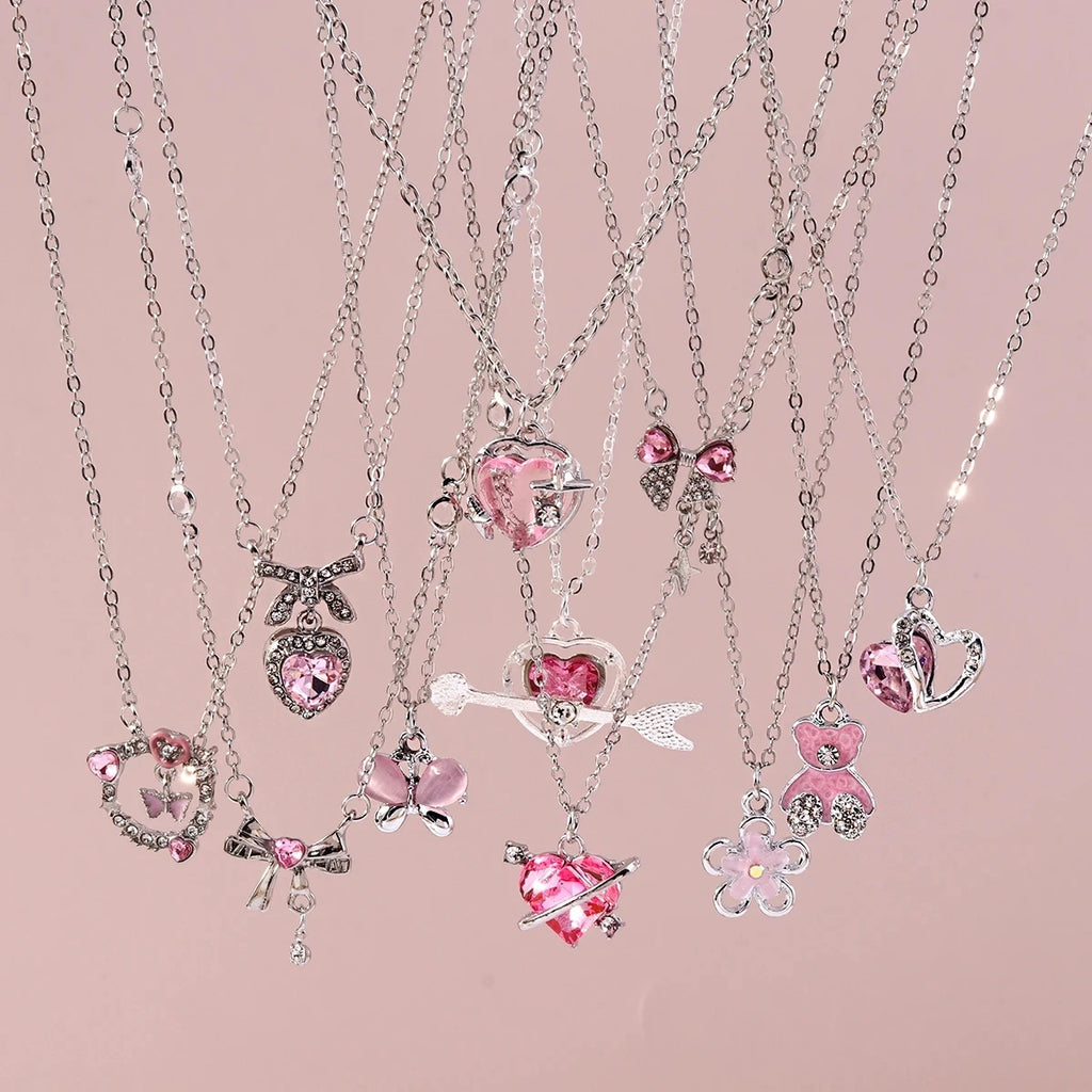 Delicate Y2k Crystal Pink Zircon Heart Necklace for Women Girl Bowknot Pendant Necklace Chain Party Jewelry Gifts