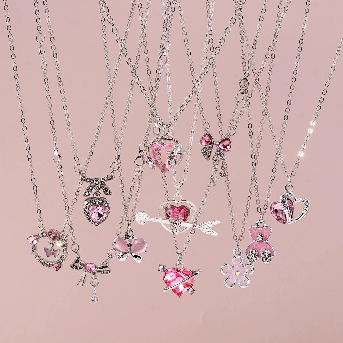 Delicate Y2k Crystal Pink Zircon Heart Necklace for Women Girl Bowknot Pendant Necklace Chain Party Jewelry Gifts