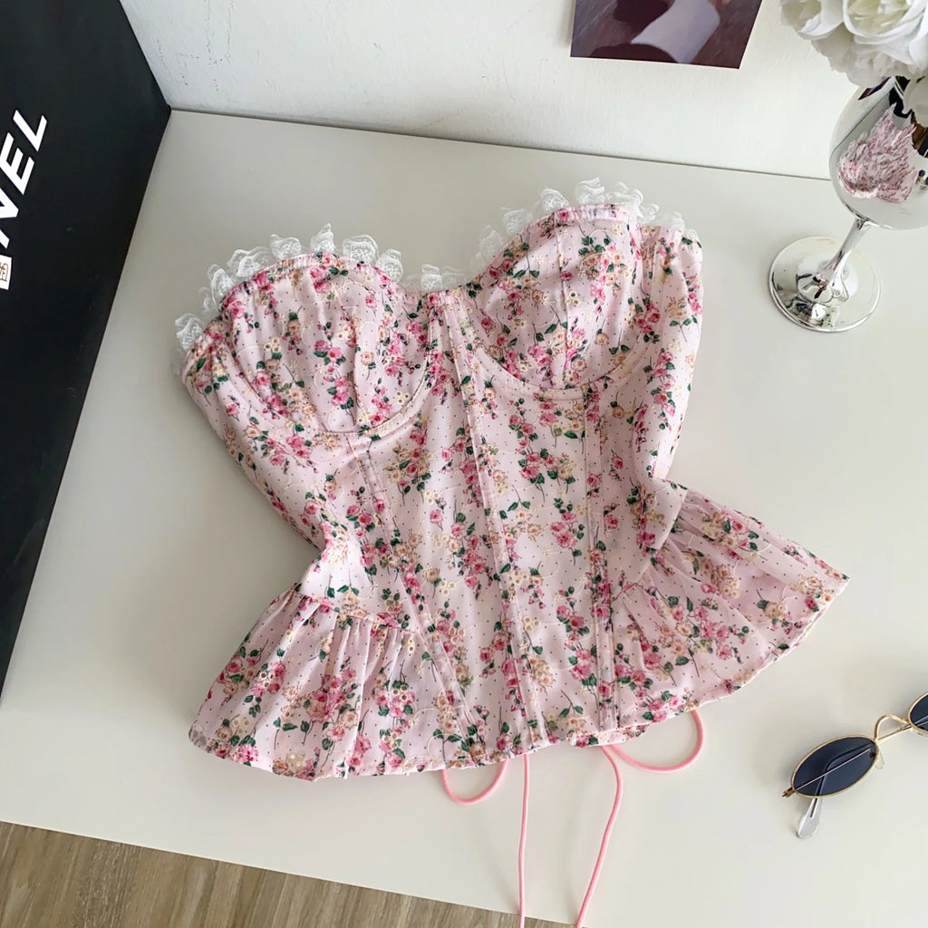 Dopne Floral Tie Waist Vest Women's Summer Lace Trim Belted Fibone Design Slimming Top Commute Sle Splice Edition