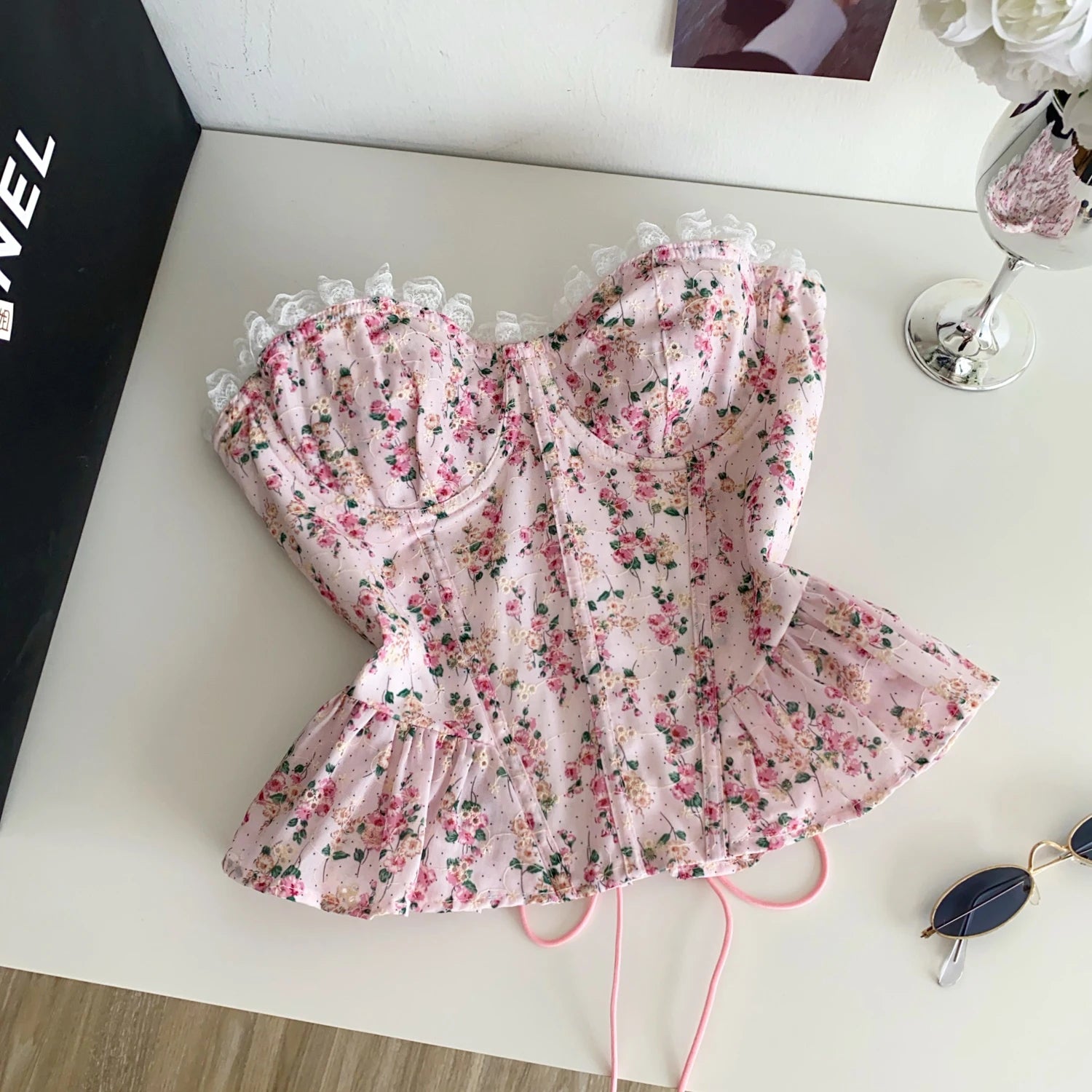 Dopne Floral Tie Waist Vest Women's Summer Lace Trim Belted Fibone Design Slimming Top Commute Sle Splice Edition