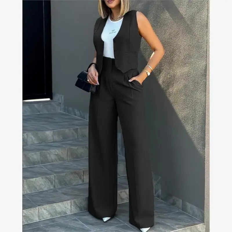 Fashionable Women's Casual Suit Set Wide Leg Pants Vest Two-Piece Outfit Chic Workwear Winter Office Ensemble for Middle-Aged...