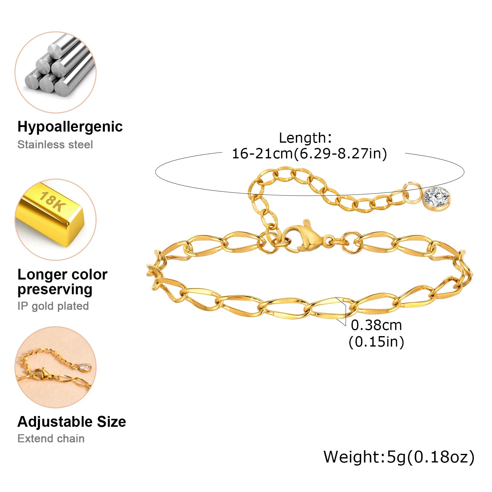 18K Gold Plated Link Bracelet for Women, Stainless Steel Stackable Chain Wristband, Adjustable Waterproof Jewelry