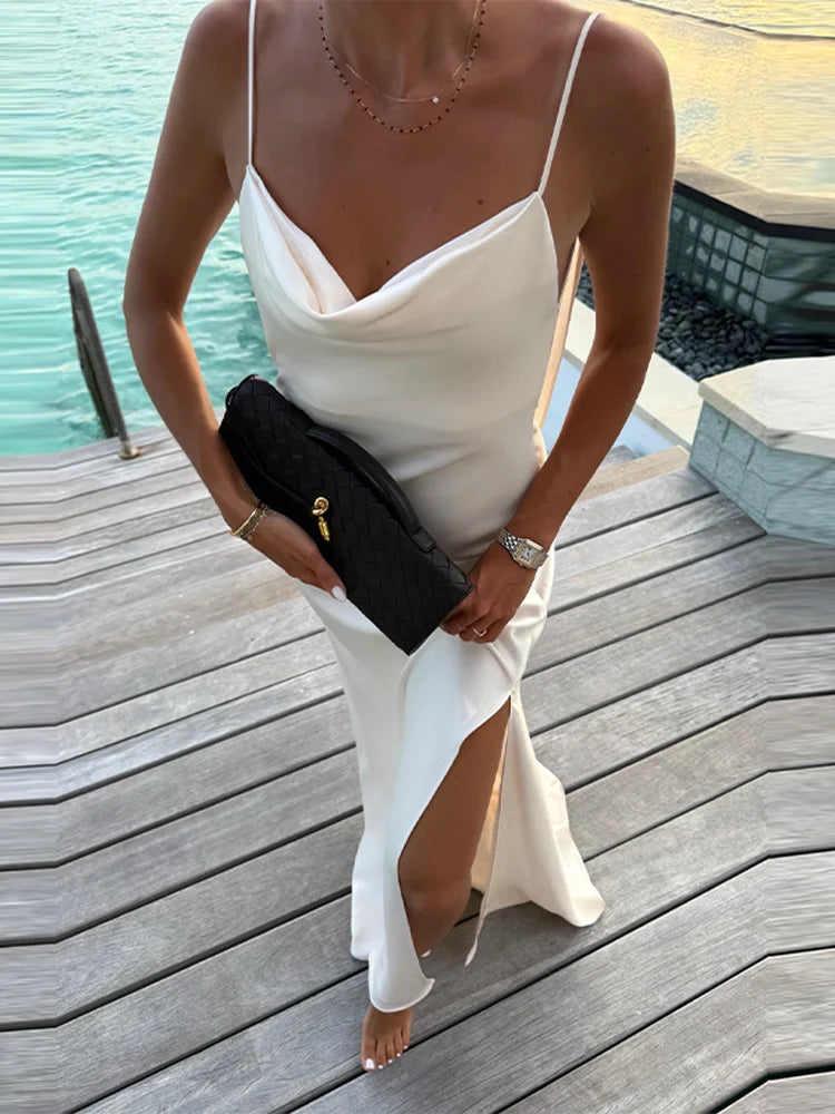 Women's Elegant Satin V Neck Long Dress Sleeveless Backless High Fork Robes Vacation Beach Maxi Vestidos 2026 New Lady Dresses