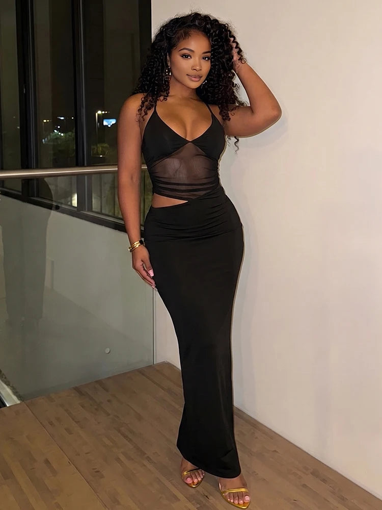 Nibber Mesh Patchwork Dress Women Sexy Backless Hollow Sleeveless 2025 Summer Trend Skinny Stretch Elegant Clubwear Maxi Bodycon