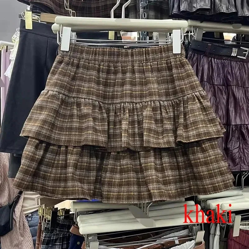 Woman Vintage Denim Pleated Skirt Lace Fold Design A-line Short Skirt Built in Shorts American Spicy Girl Korea Fashion Hotsweet