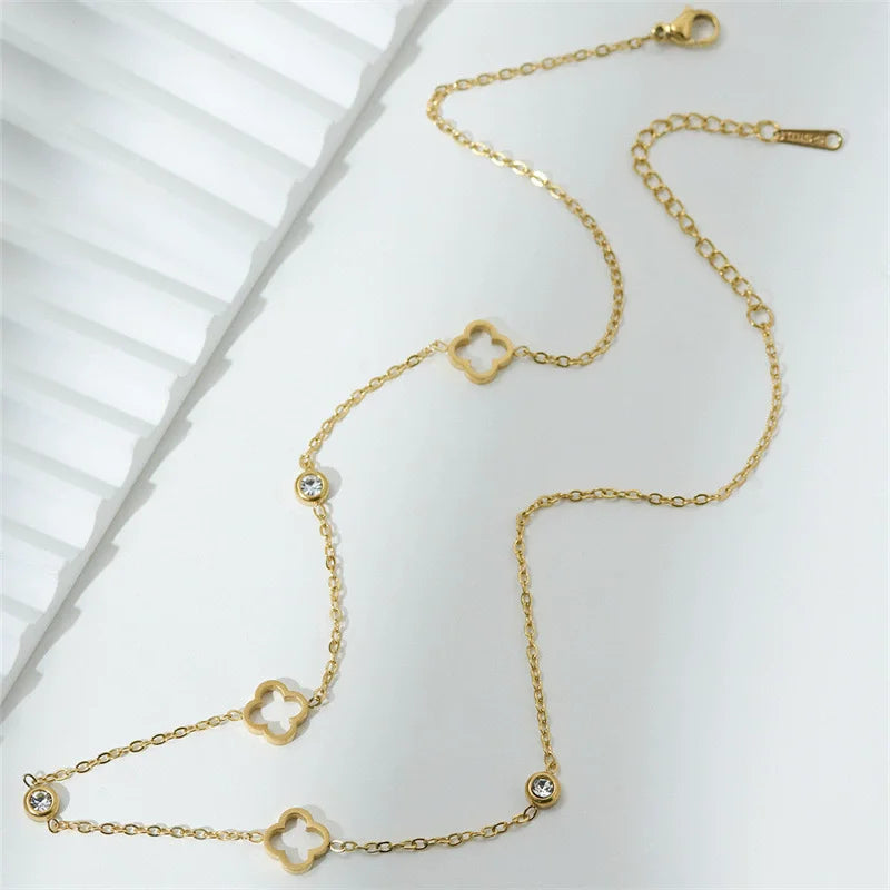 New Stainless Steel Hollow Clover Flower Necklace Bracelet Earnail Set for Women's Versatile Gift Accessories