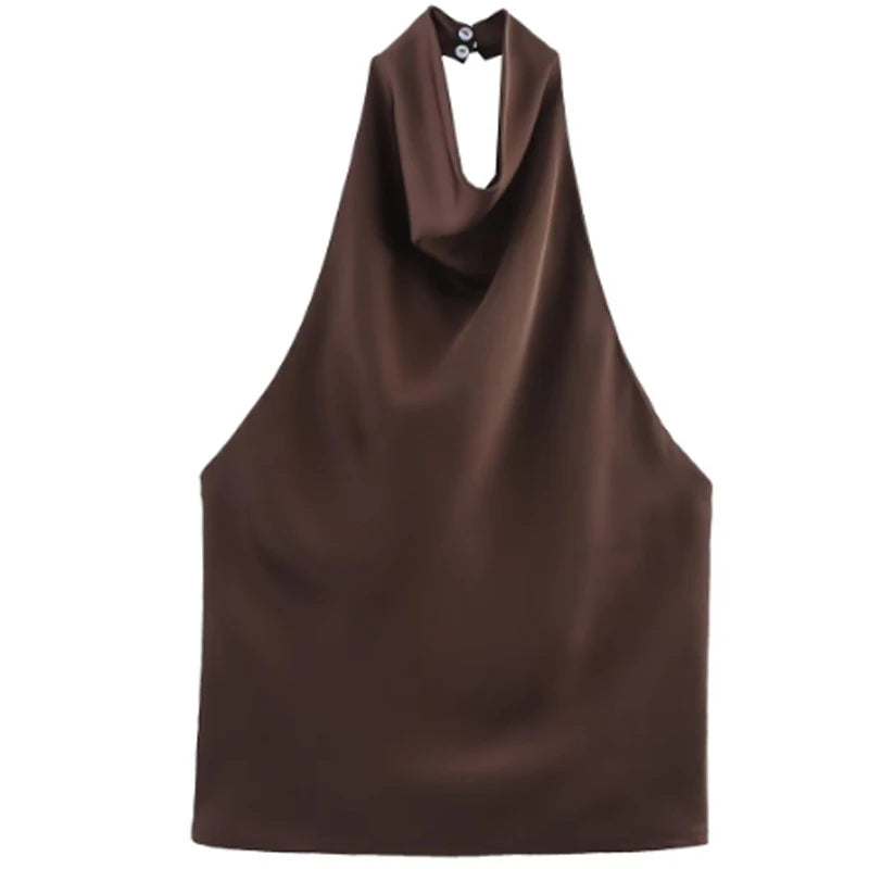 HXAO Satin Halter Top Women Summer 2025 Black Yellow Tanks & Camis Crop Smooth Off Shoulder Tank Top Sleeveless Backless Vests