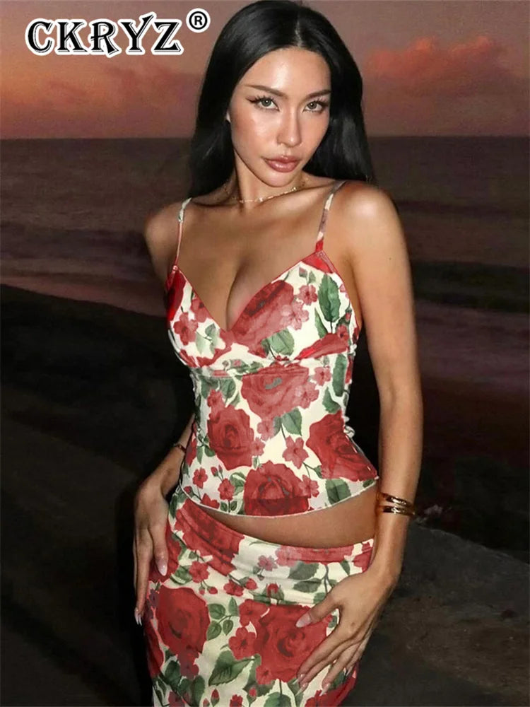 Ladies Summer Floral Print Fashion 2 Piece Set Beach Vacation Sleeveless Backless Top Long Skirts Matching Sets Women Birthday