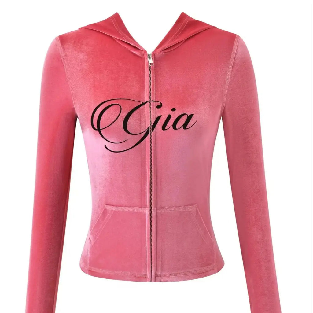 GIA New Velvet Zip-Up Hooded Jacket & Relaxed Loose Slim-Fit Pants Comfortable Minimalist Set in Blue