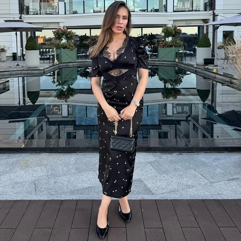 TARUXY Sexy Hollow Lace Dress Women's Fashion Short Sleeve Elegant High Waist Slim Print Dress Summer Party Club Clothes Female