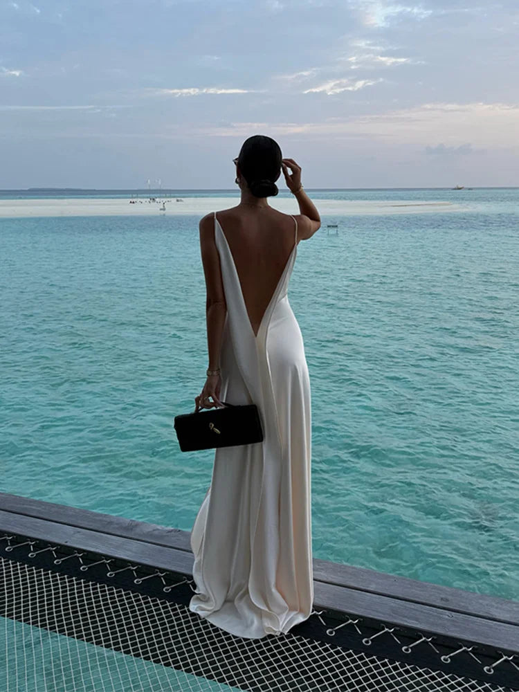 Women's Elegant Satin V Neck Long Dress Sleeveless Backless High Fork Robes Vacation Beach Maxi Vestidos 2026 New Lady Dresses