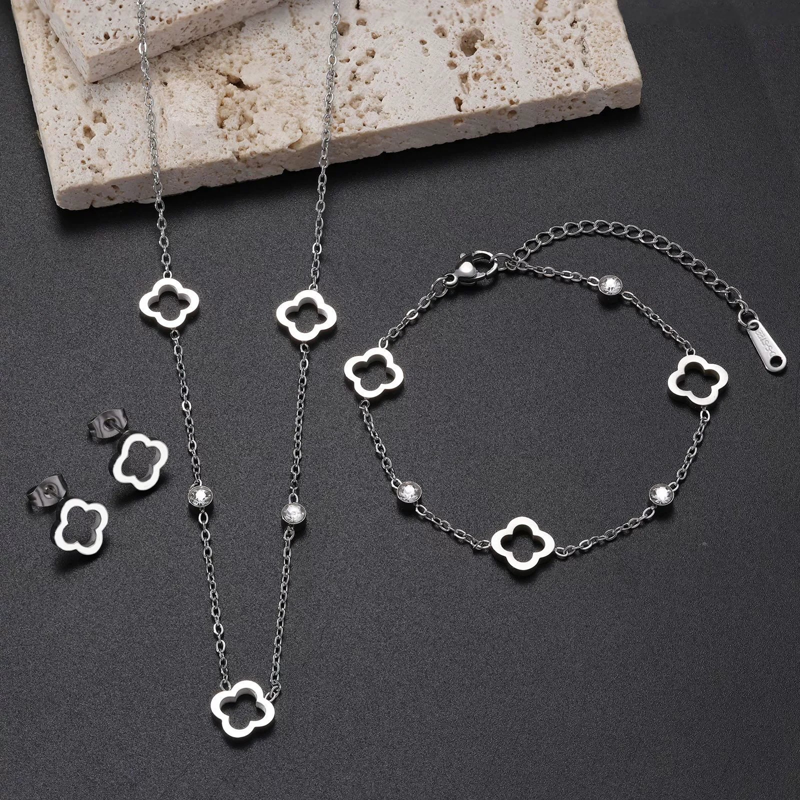 New Stainless Steel Hollow Clover Flower Necklace Bracelet Earnail Set for Women's Versatile Gift Accessories