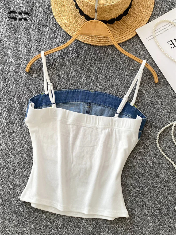 SINGREINY American Retro Y2k Strap Tops Letter Embroidery Denim Patchwork Fashion Design Women Hotsweet Streetwear Slim Crop Top