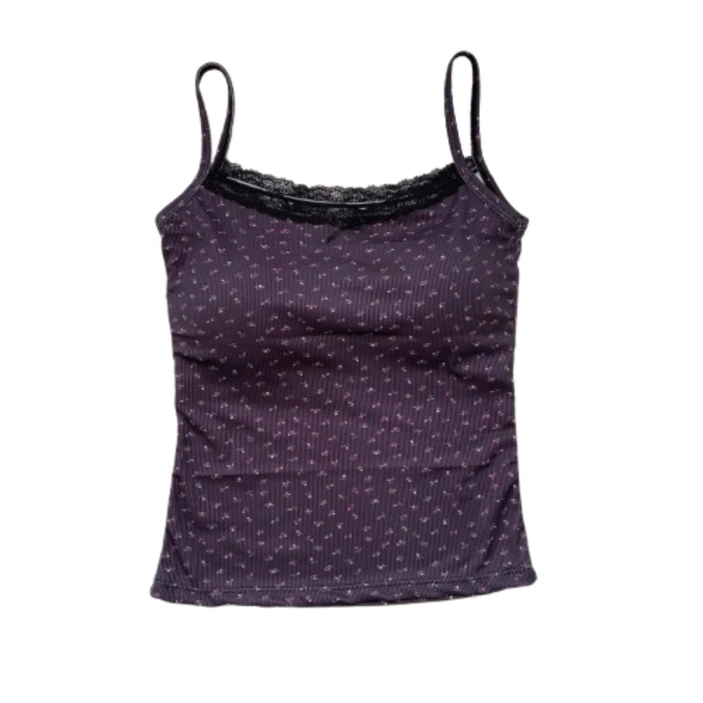 Elegant Sweet Floral Tank Tops Bowknot BM Style Lace Vest T-Shirt Bra Tops Casual Y2k Crop Top Spring Summer