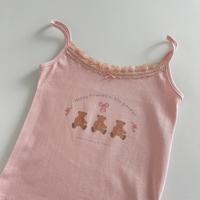 Cute Cartoon Lace Trim Tank Tops Women Summer New Slim Cotton Sleeveless Vests Vintage Sweet Preppy Style Camisole Y2K Clothes