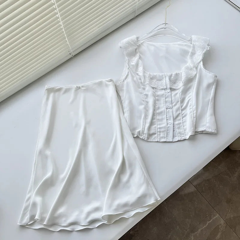 Foridol White Lace Summer Women Set Sleeveless Crop Top+midi Skirt Outfits 2025 Beach Holiday Chic Vintage Sundress Dress Set