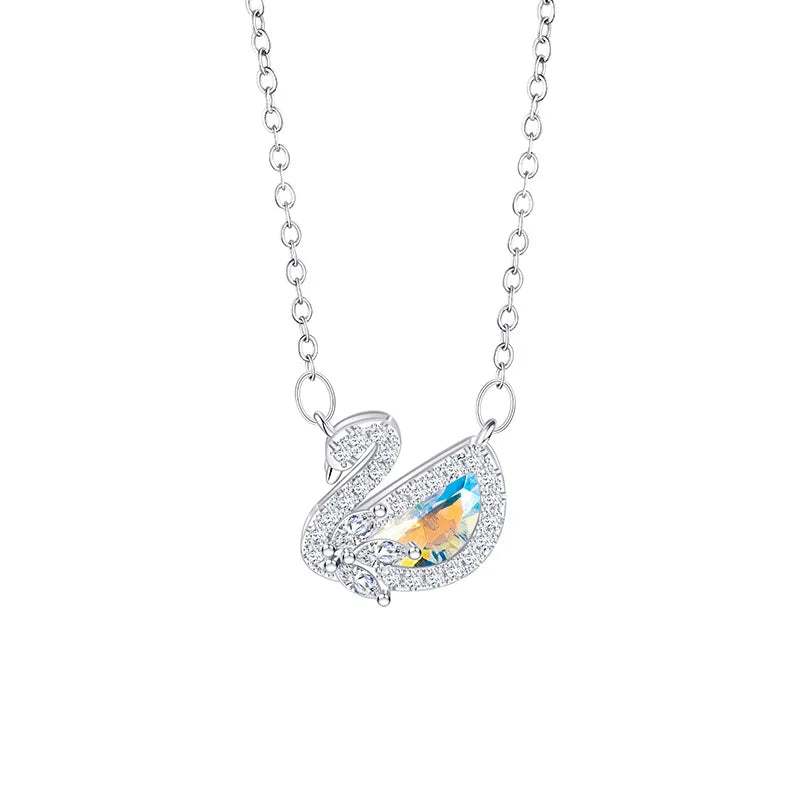 Designer Shiny Sterling Silver Inlaid Zircon Colored Crystal Swan Pendant Necklace for Women Girls Collarbone Chain Jewelry Gift
