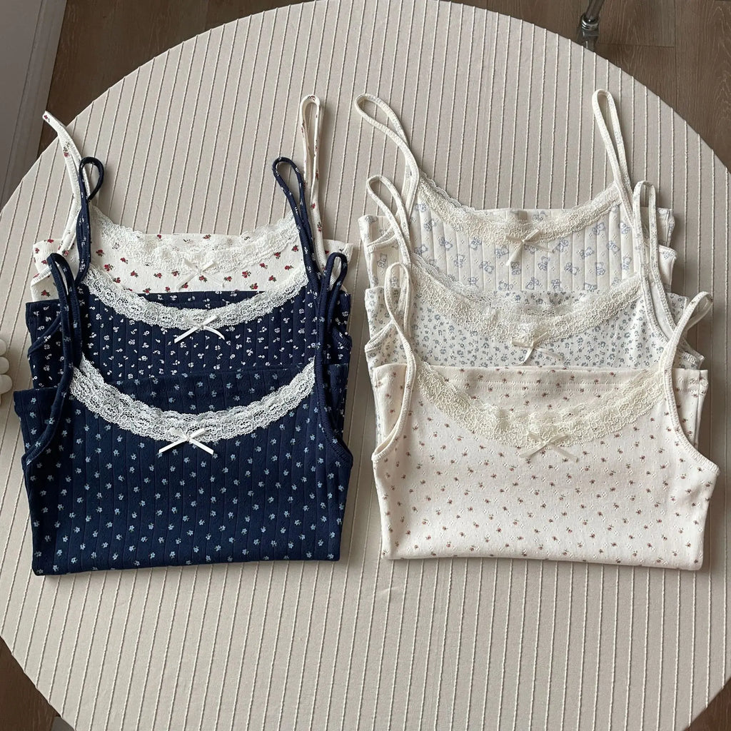 Floral Print Lace Trim Camis Women Summer New Bow Slim Sleeveless Crop Tops Vest Sweet Cute Sexy Preppy Style Tank Top Y2k Chic