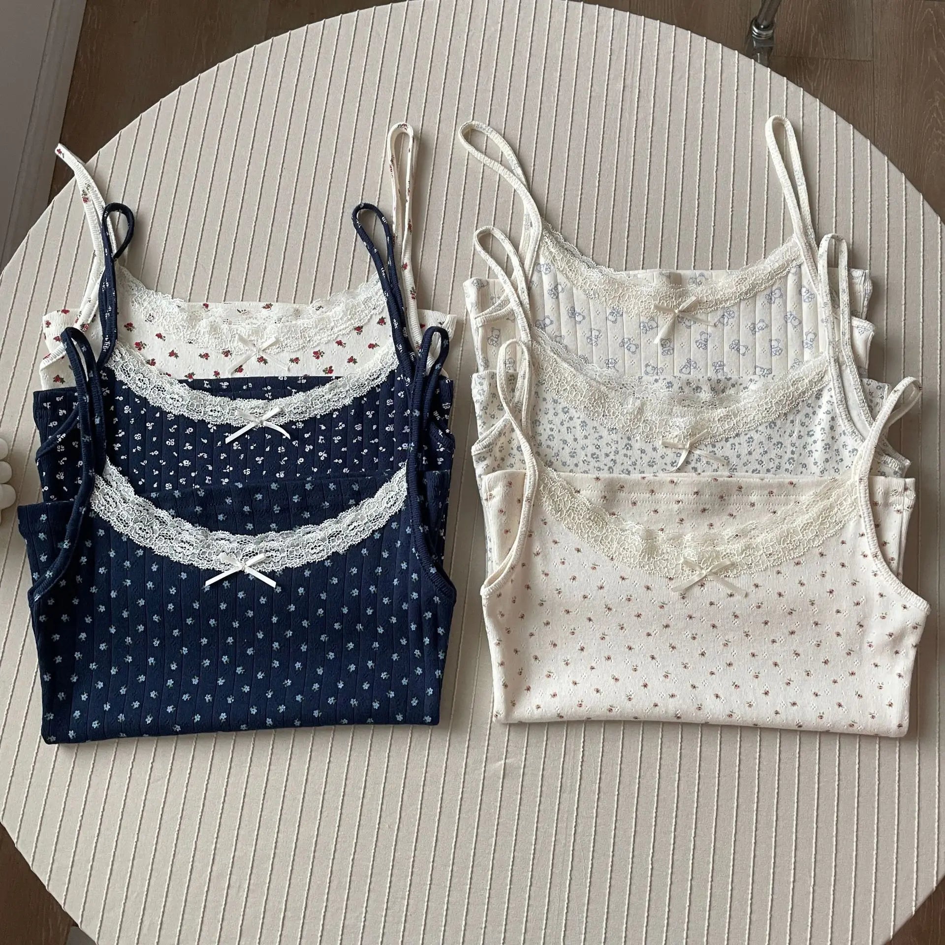 Floral Print Lace Trim Camis Women Summer New Bow Slim Sleeveless Crop Tops Vest Sweet Cute Sexy Preppy Style Tank Top Y2k Chic