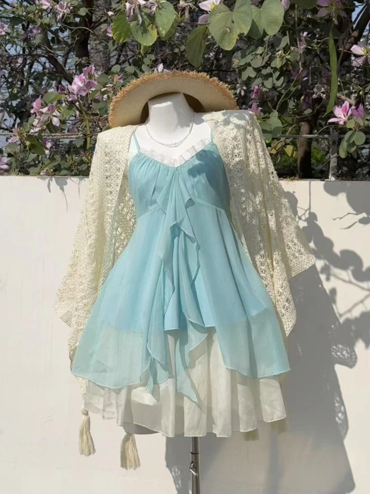 Beach Style Y2k 2 Piece Sets Women Casual Y2k Crop Top + Mini Skirts Corset Vest Korean Fashion Sexy Vintage Suits Chic Outwear