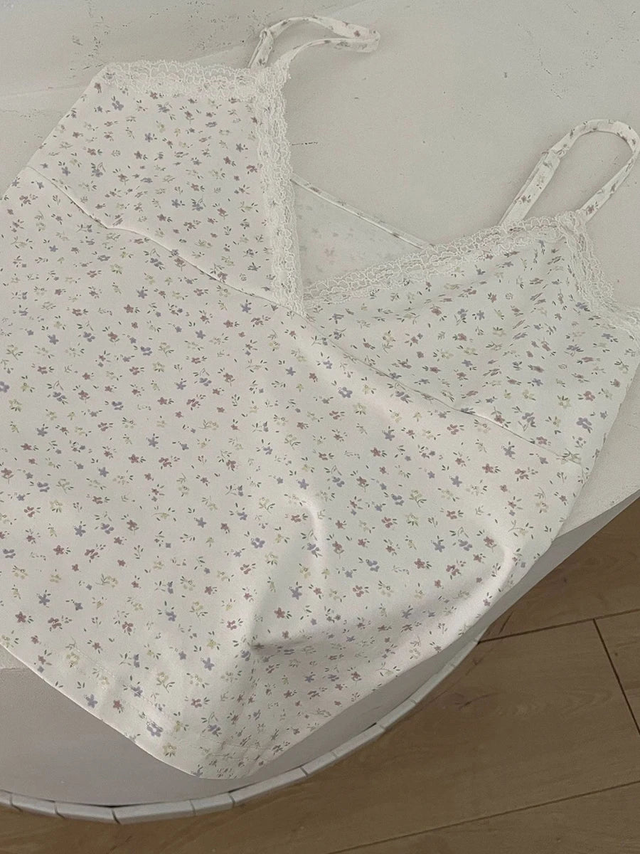Floral Print Lace Trim Camis Women Summer New Bow Slim Sleeveless Crop Tops Vest Sweet Cute Sexy Preppy Style Tank Top Y2k Chic