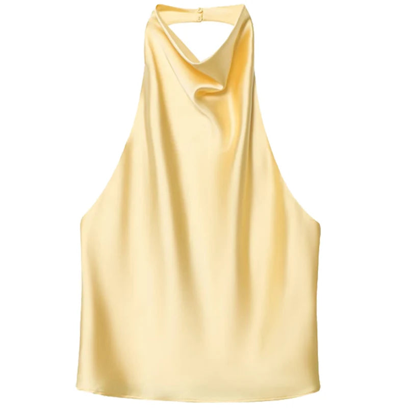 HXAO Satin Halter Top Women Summer 2025 Black Yellow Tanks & Camis Crop Smooth Off Shoulder Tank Top Sleeveless Backless Vests