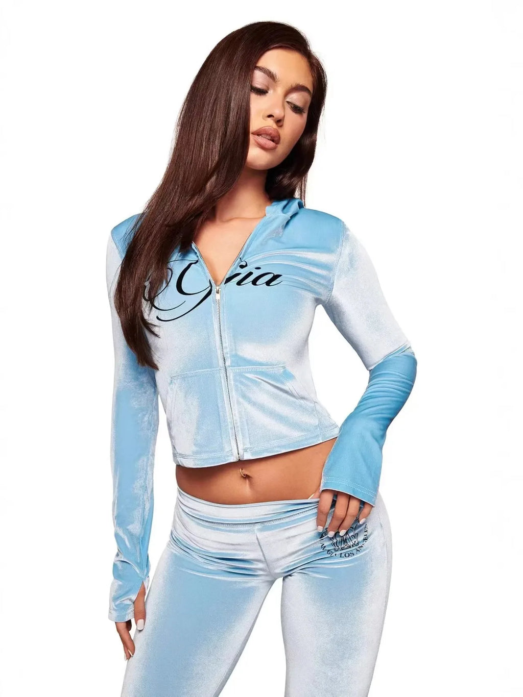 GIA New Velvet Zip-Up Hooded Jacket & Relaxed Loose Slim-Fit Pants Comfortable Minimalist Set in Blue