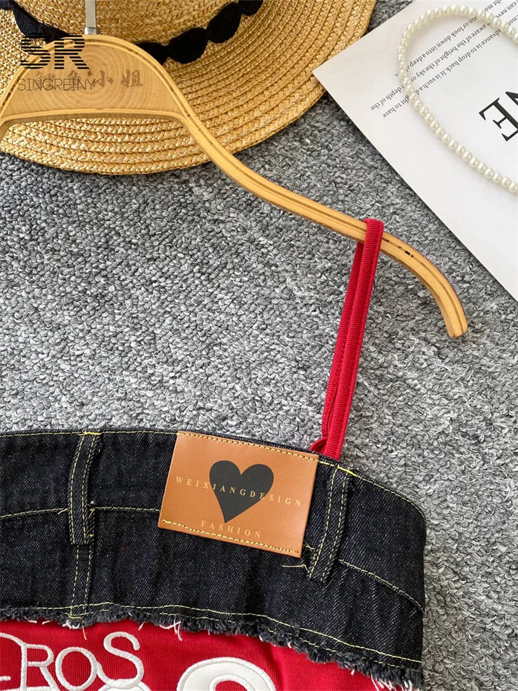 SINGREINY American Retro Y2k Strap Tops Letter Embroidery Denim Patchwork Fashion Design Women Hotsweet Streetwear Slim Crop Top