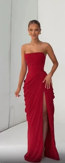 Yellow Strapless Pleated Women Split Maxi Dress Elegant Sleeveless Waist Cinching Slim Fit Dresses 2026 Lady Daily Party Gowns