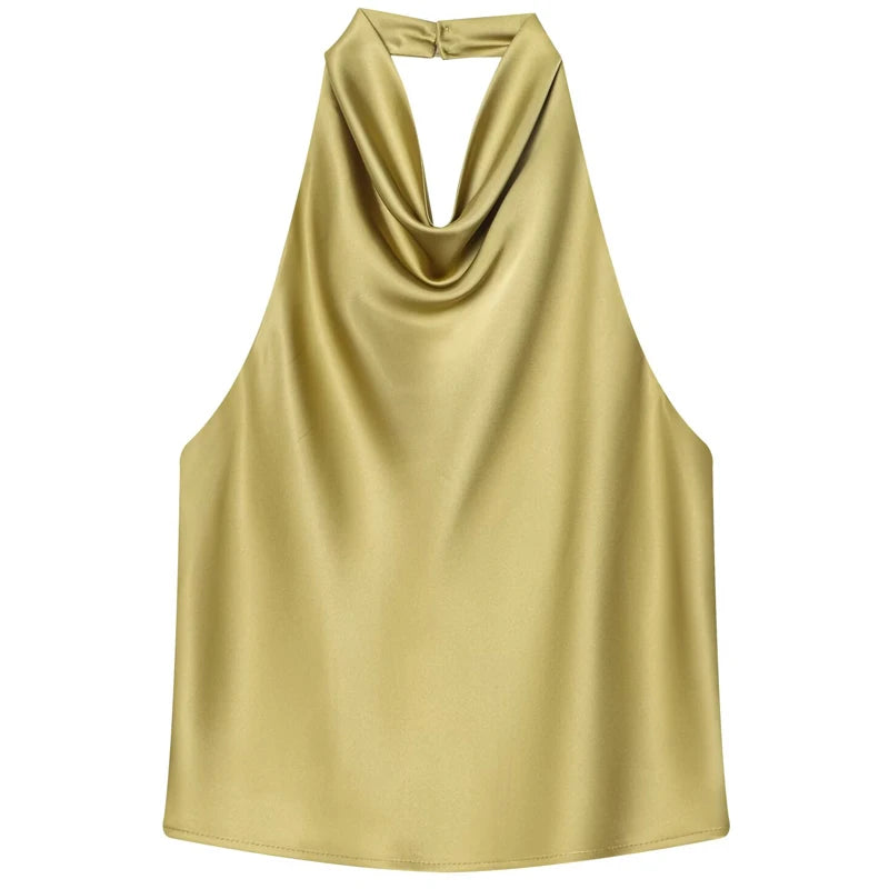 HXAO Satin Halter Top Women Summer 2025 Black Yellow Tanks & Camis Crop Smooth Off Shoulder Tank Top Sleeveless Backless Vests