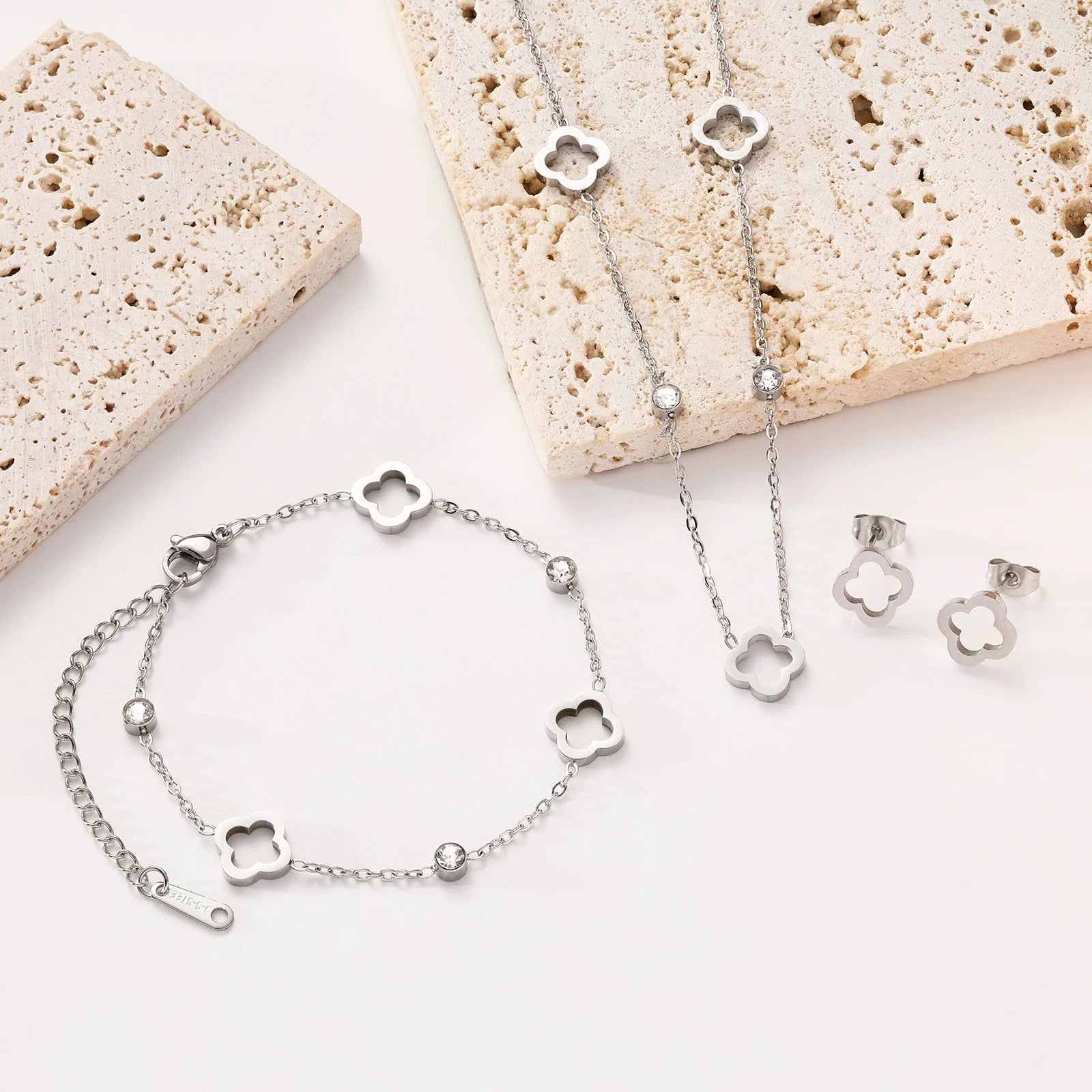 New Stainless Steel Hollow Clover Flower Necklace Bracelet Earnail Set for Women's Versatile Gift Accessories