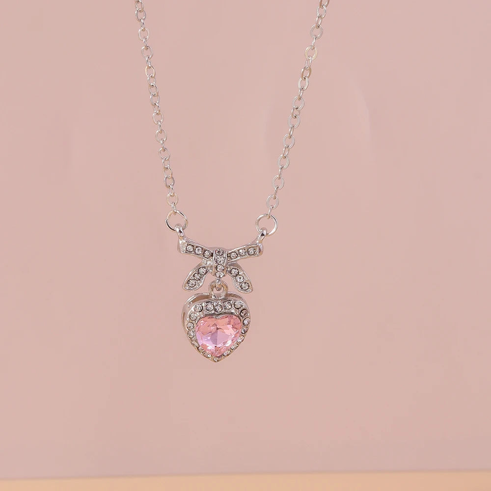 Delicate Y2k Crystal Pink Zircon Heart Necklace for Women Girl Bowknot Pendant Necklace Chain Party Jewelry Gifts