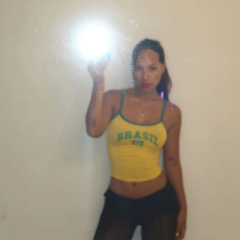 Hot Sexy Brazil Streetwear Sling Yellow Crop Top For Women Girl Casual Clothes Elastic Camis Sleeveless Backless Short Tank Tops
